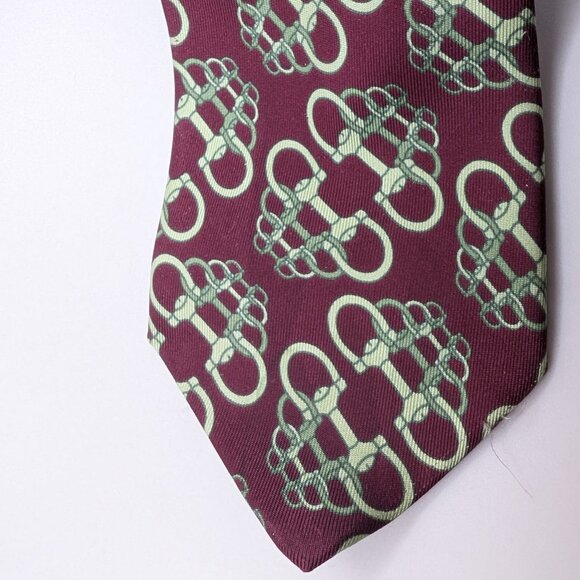 Gucci 100% Silk Made in Italy Luxury Tie Horsebit Maroon Red Pale Green - Picture 6 of 6